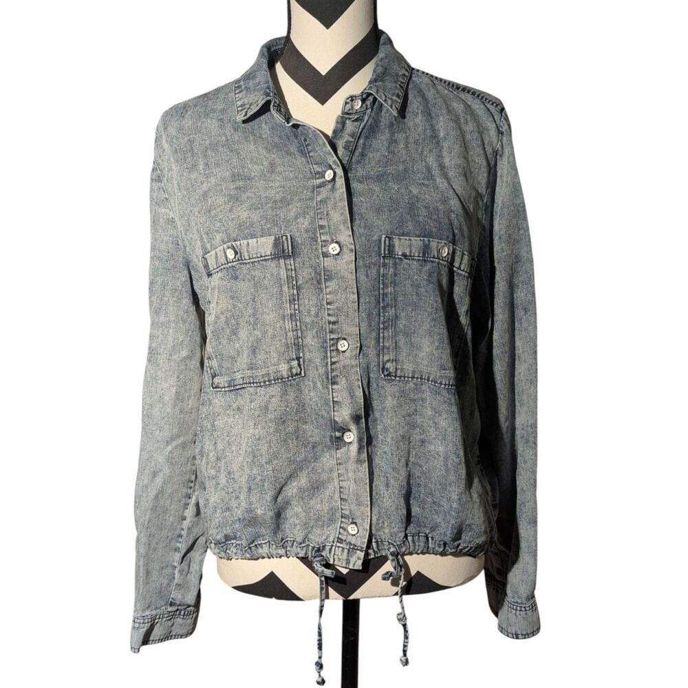 Cloth & Stone Acid Wash Denim Shirt Jacket Large Drawstring Waist Button Down
